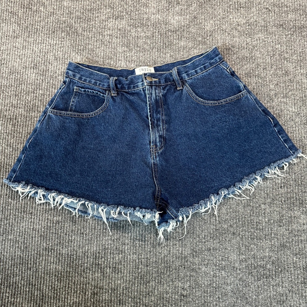 Twelve by Ontwelfth High Rise Denim Shorts 29 Dark Blue Frayed Raw Hem